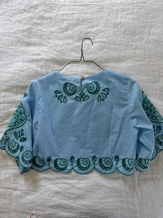 Farm Rio Light Blue And Green Graphic Richelieu Crop Top - Picture 6 of 9